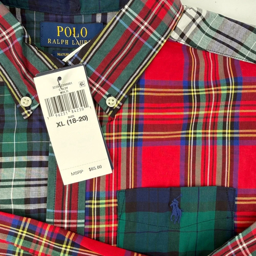 Polo Ralph Lauren‎ Classic Christmas Plaid Button Down Shirt Kids Size XL 18 20